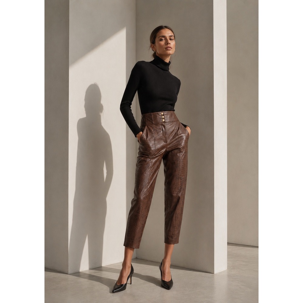 Veronica Beard Tapered Pants Women 16‎ Croc Embossed Faux Leather Brown Crop
